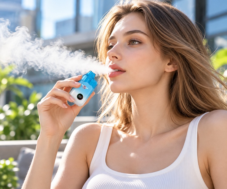 Adult woman holding a blue rechargeable vape device outdoors with visible vapor