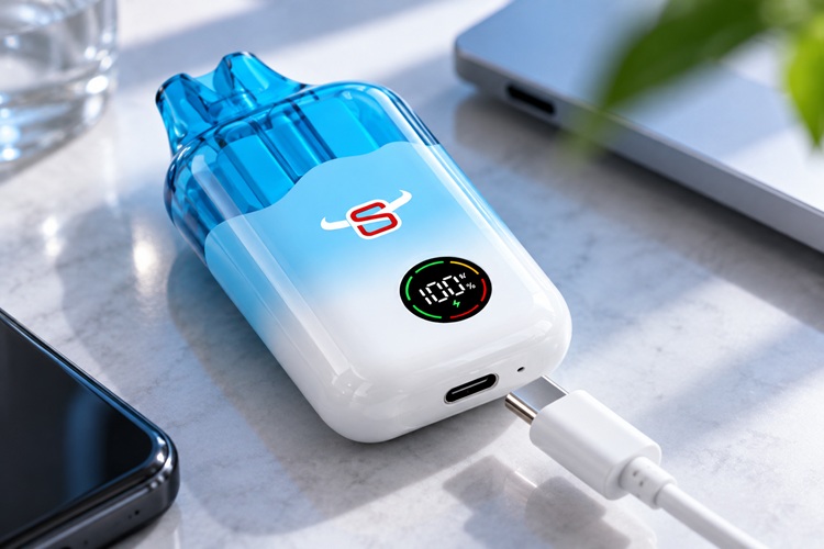 Close-up of a rechargeable vape device showing its USB Type-C charging port and charging cable