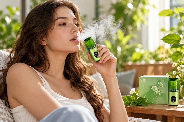 Adult woman holding a green Rixemary herbal diffuser in a naturally lit indoor setting