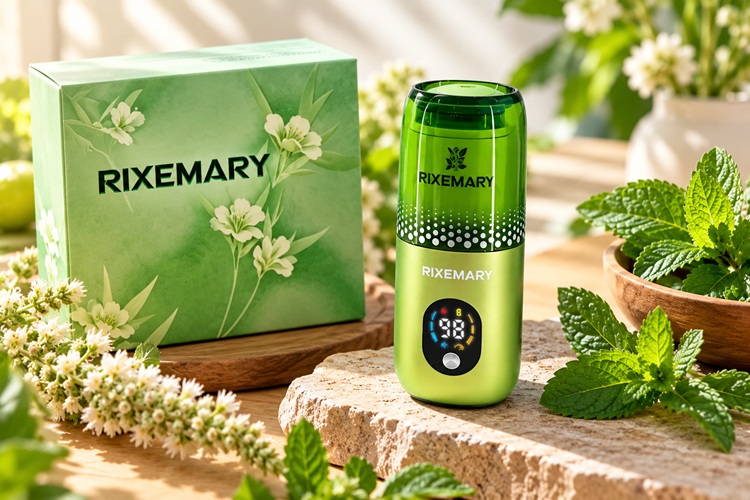 Close-up of green Rixemary Mint herbal diffuser with digital display, floral packaging and mint leaves